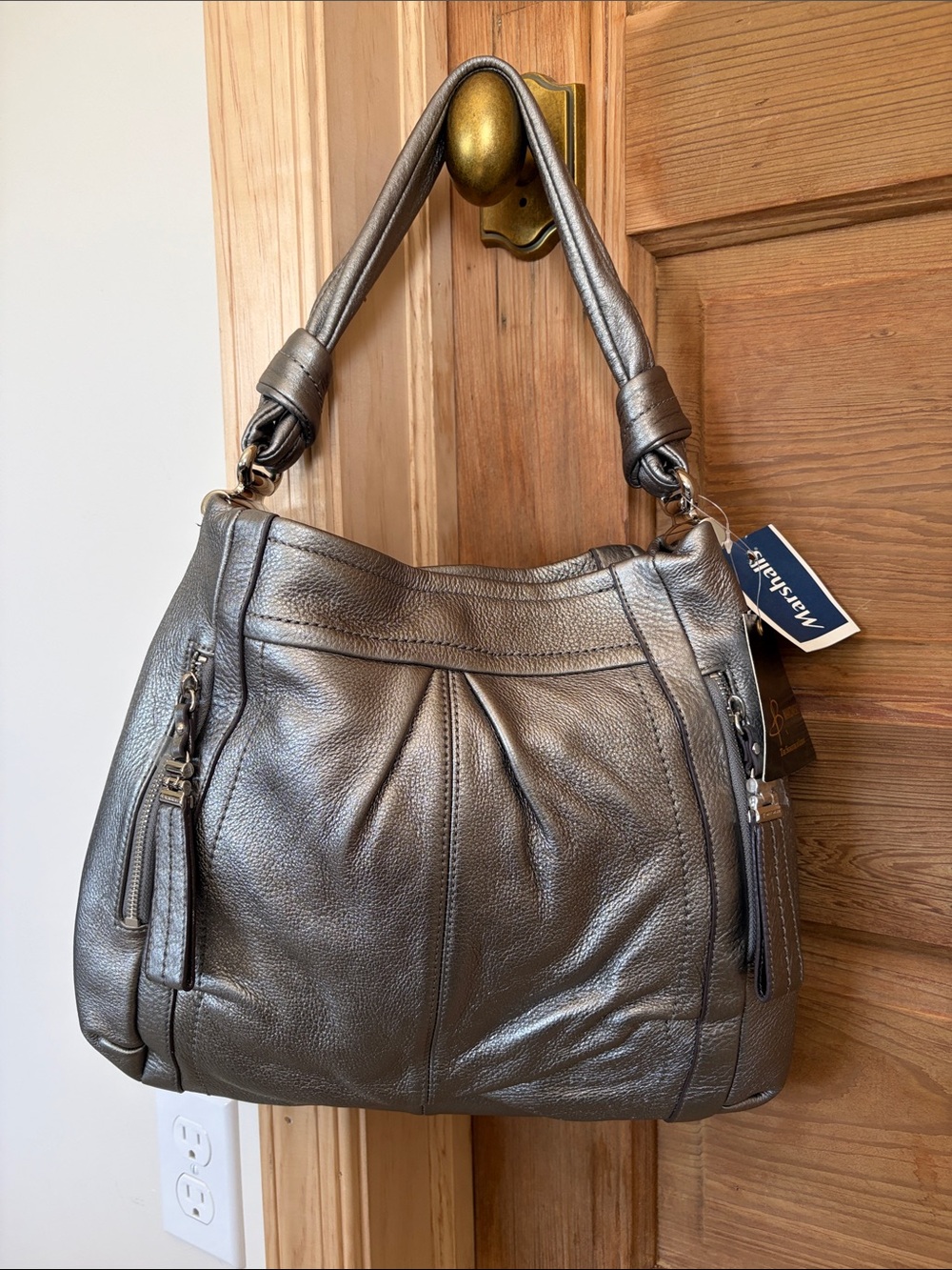 b. makowsky Metallic Pewter Leather Shoulder Bag
